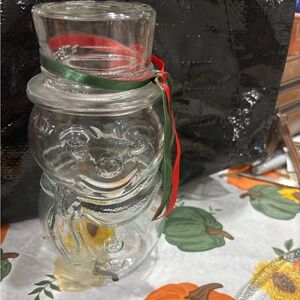 VINTAGE LIBBY OF CANADA CLEAR GLASS SNOWMAN JAR WITH TOP HAT CANDY/COOKIE JAR